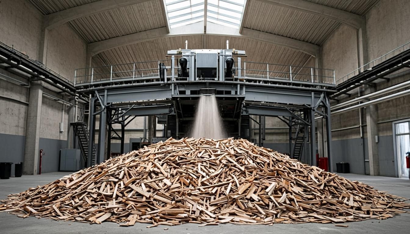 Biomass fuel handling hall with wood chips and conveyor machinery