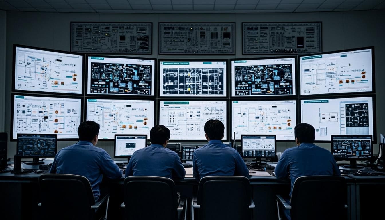 Industrial control room with process monitoring screens