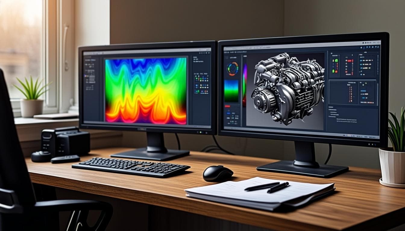 Engineer reviewing CFD simulation of a gasifier on dual monitors