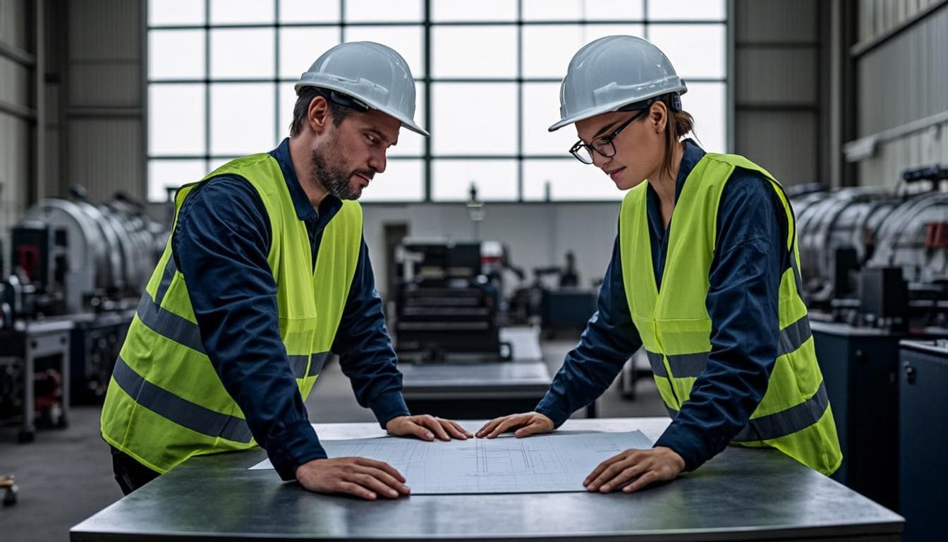 TOKEF engineers reviewing piping and instrument drawings at an energy plant