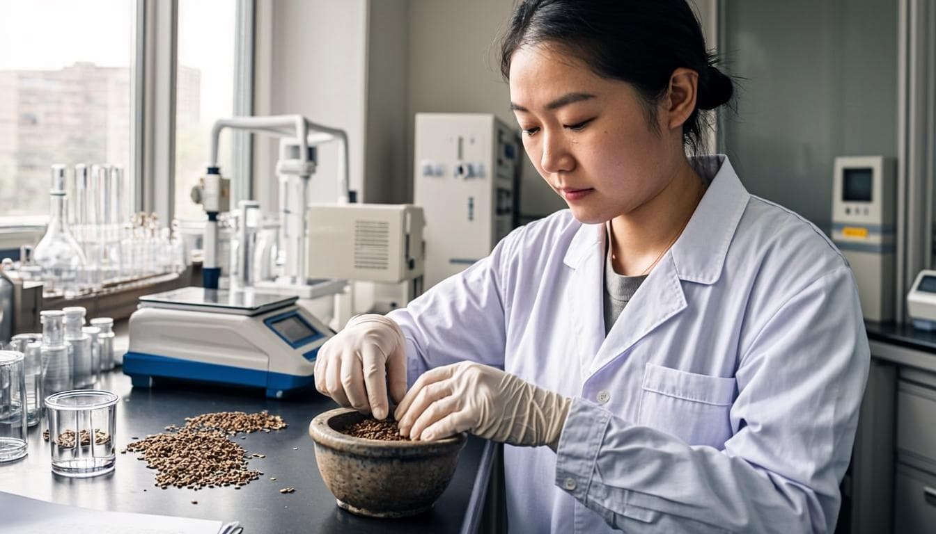 Laboratory technician preparing a biomass fuel sample for analysis