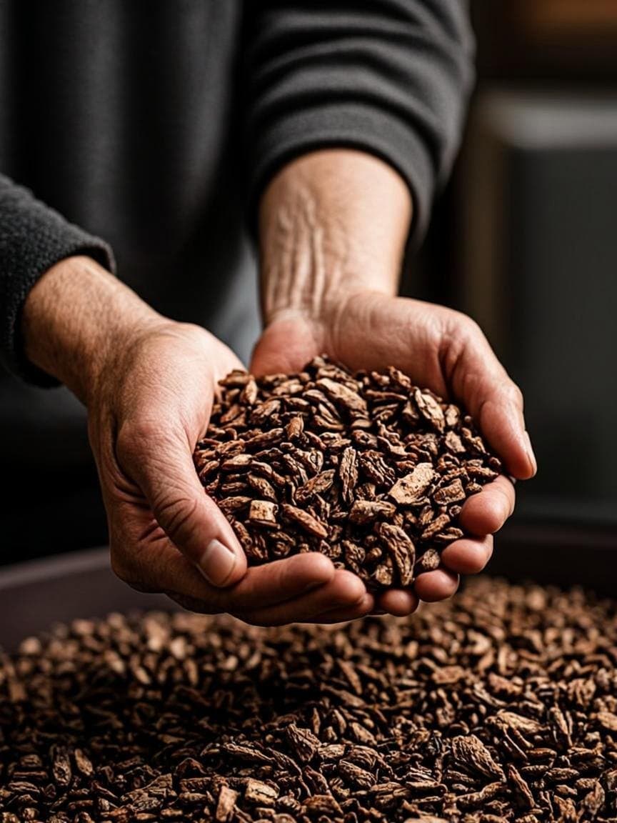 Engineer's hands holding a handful of dry wood chips over a pile of biomass fuel