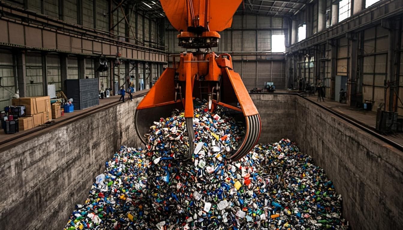 Waste-to-energy facility waste bunker with grapple crane lifting municipal waste